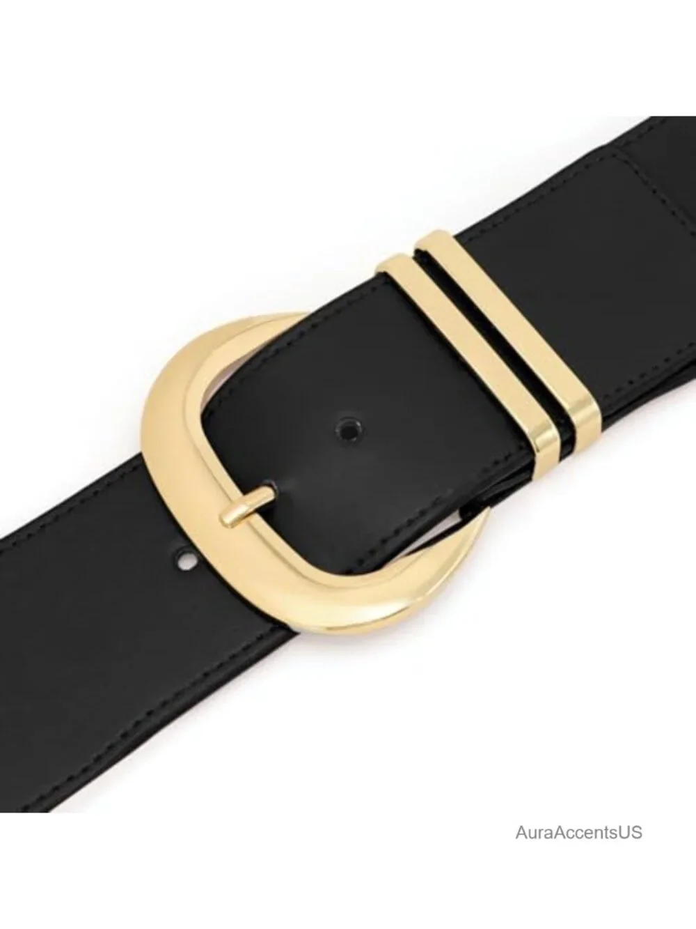 Wide Elastic Belt for Dresses with Gold Buckle Stretchy PU Leather Waistband